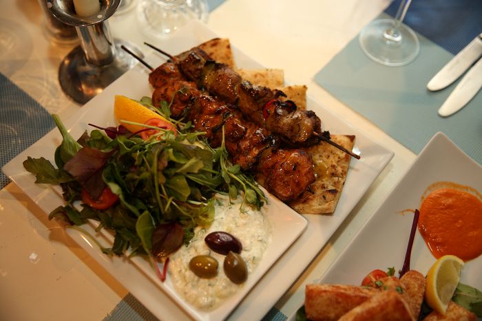 Greek souvlaki and salad at OPA Bath